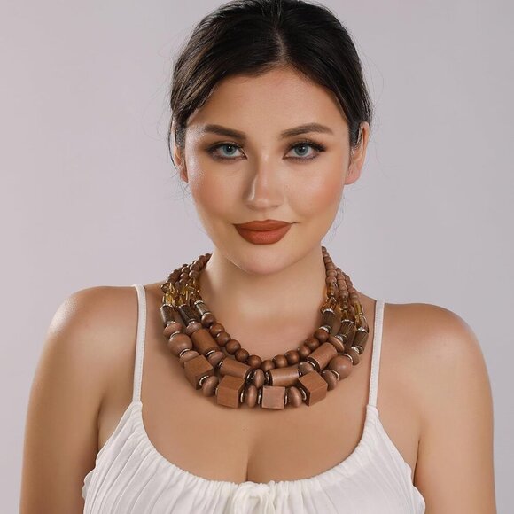 Layer Chunky Wood Beaded Necklace Exaggerated Statement Bead Collar Necklace Bib - Picture 7 of 8